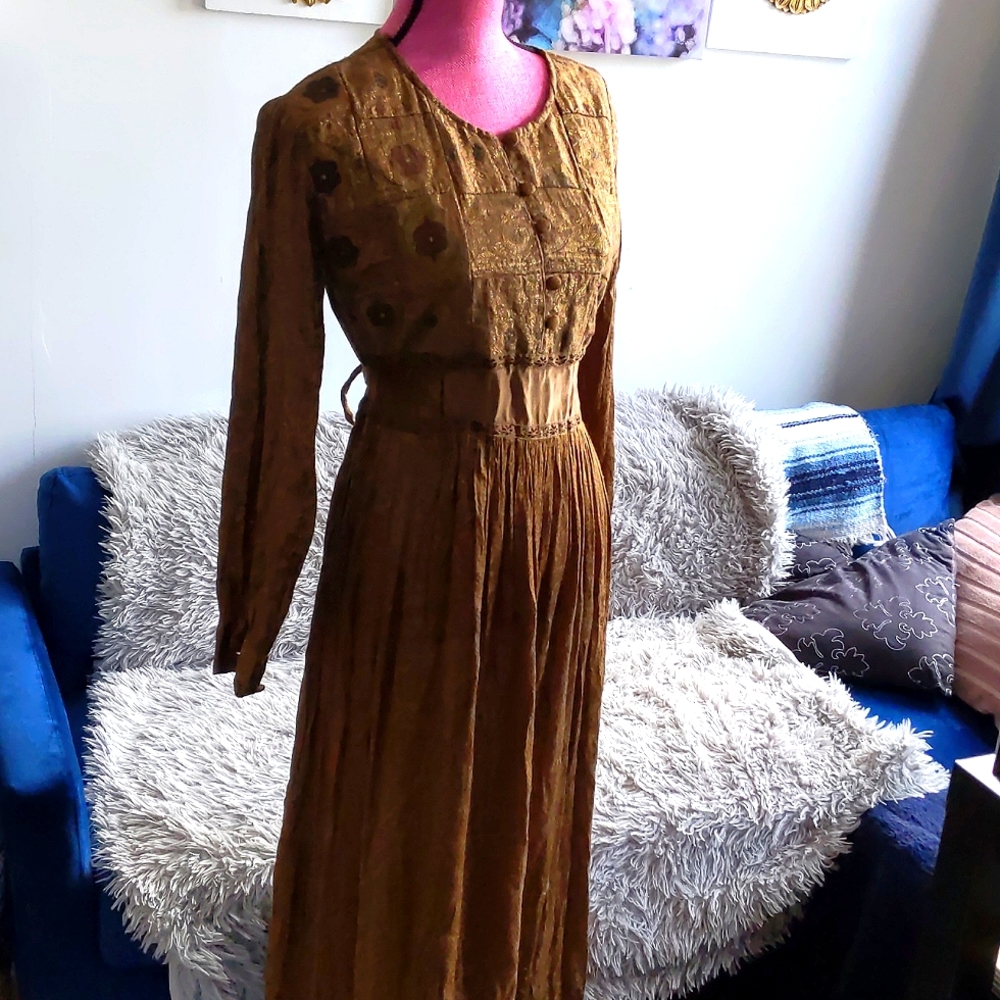 Golden Brocade Vintage Silky Dress Velvet Trim Renaissance